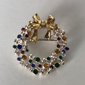 Ann Klein Multicolored Gemstones Christmas Wreath Brooch